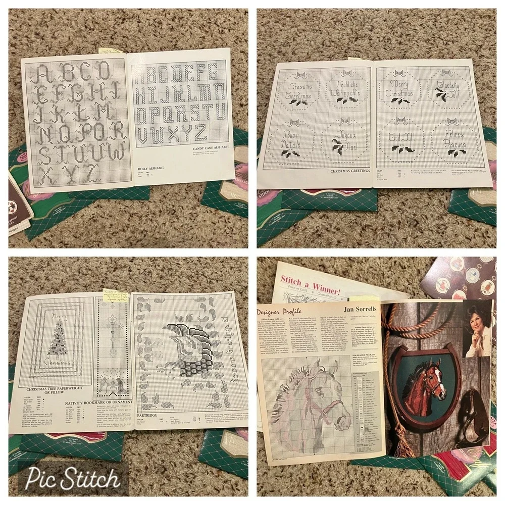 Vintage Cross Stitch Lot: Magazines Patterns Embroidery Hoops Aida Cloth Thread